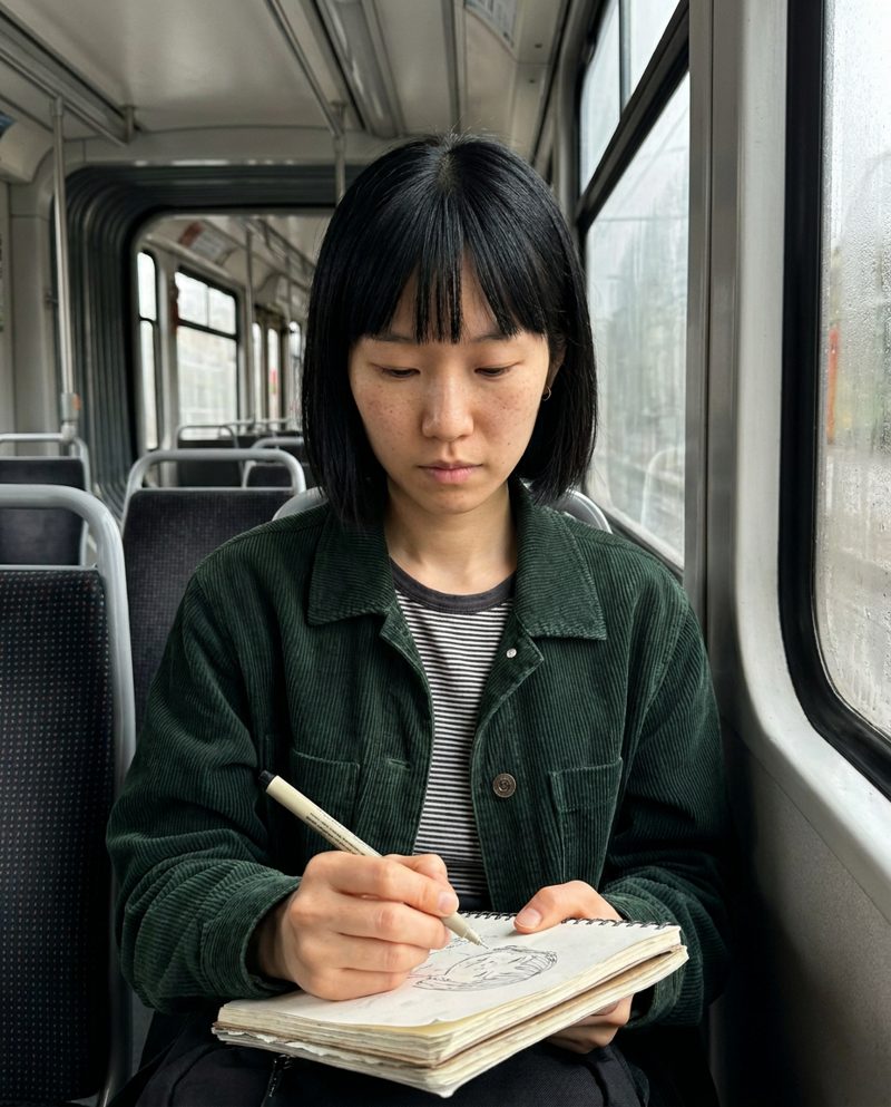 Sketching in a notebook on a tram seat in the morning, grey daylight through the window on her right, focused, holding a fine-liner, chest-up.