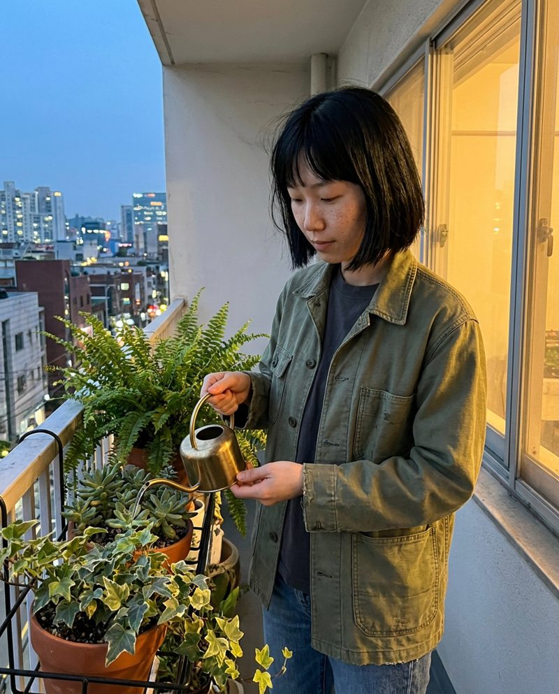 Watering houseplants on a narrow balcony at dusk, warm light from the room behind her, holding a small brass watering can, three-quarter body.