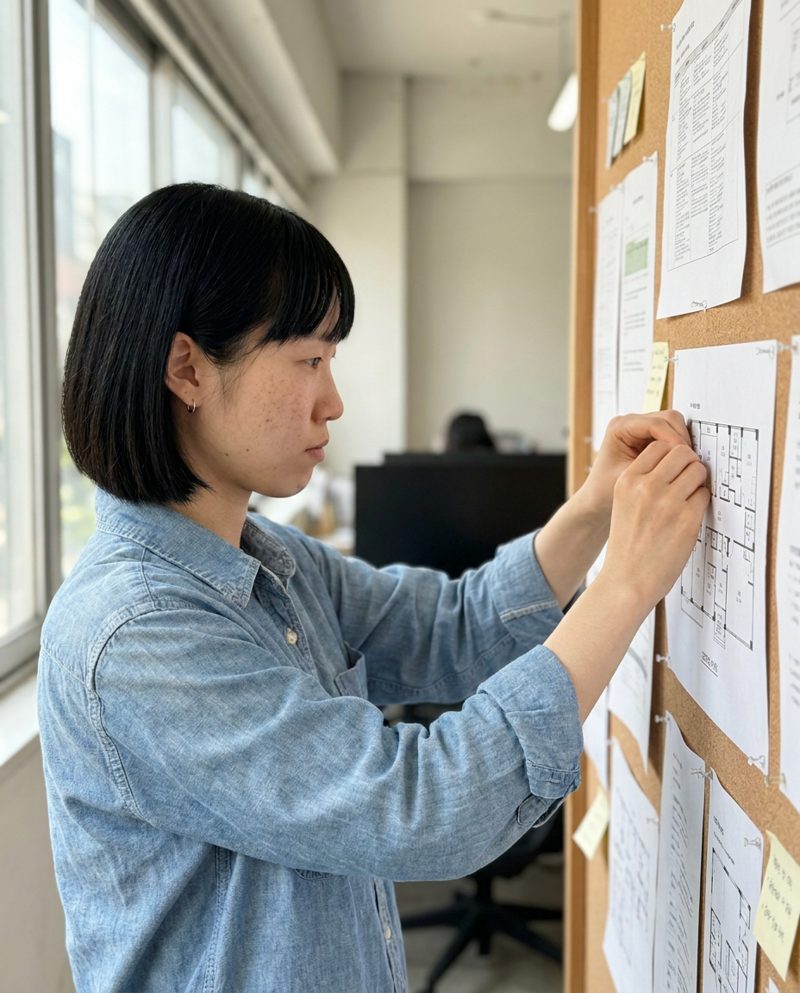 Pinning a printed floor plan to a cork board in an open-plan office in the afternoon, window light from the left, frowning slightly, waist-up from the side.