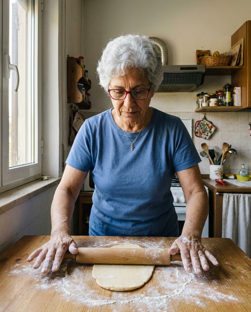Rolling out pasta dough on a floured wooden table in a small kitchen, morning light from a window on the left, flour on her hands, concentrating, waist-up.