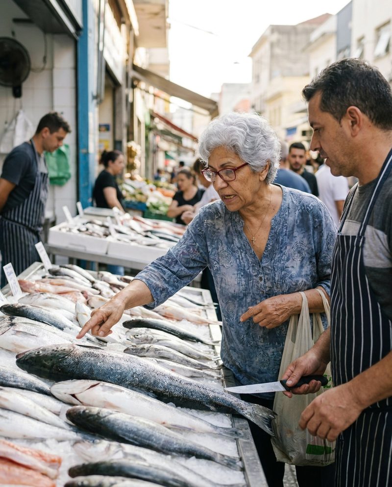 Haggling at a fish stall in a narrow street market, late morning, bright light between the buildings, pointing at the catch, three-quarter body.