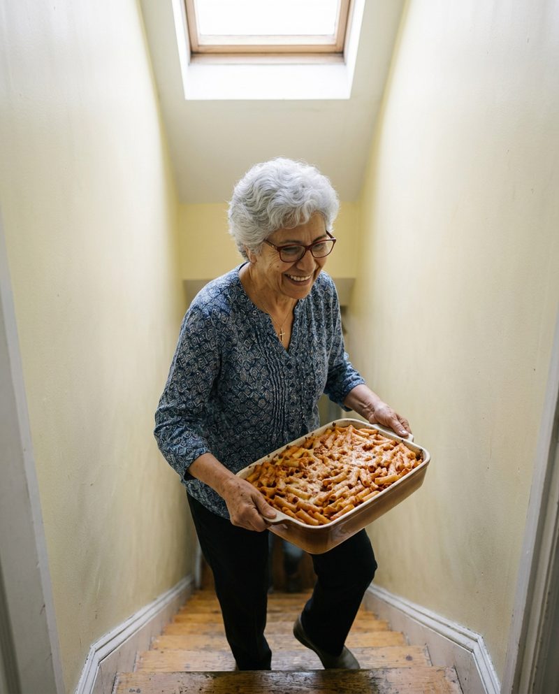 Carrying a big tray of baked pasta down a stairwell at lunchtime, light from a skylight above, smiling at someone below, full figure.