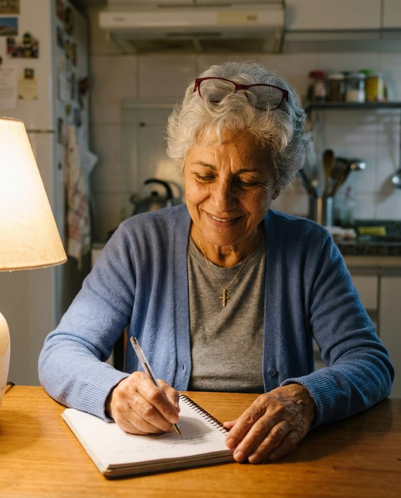 Writing a recipe in a notebook at the kitchen table in the evening, reading glasses pushed onto her head, warm lamp light, chest-up.