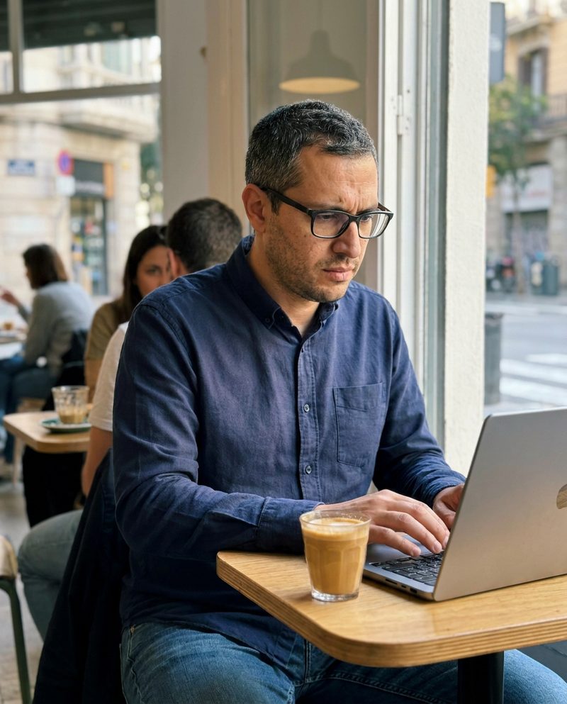 Typing on a laptop at a small café table in the morning, a cortado beside him, light from the street window on his right, frowning at the screen, waist-up.