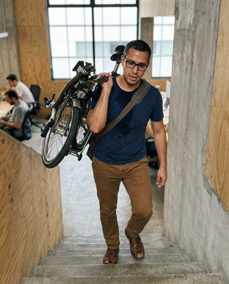 Carrying a folding bike up the stairs of a co-working space at midday, flat light, the bike on his shoulder, three-quarter body.