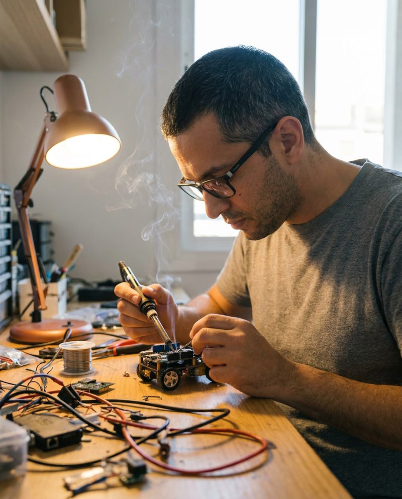 Soldering a small robot at a cluttered desk on a Saturday afternoon, desk lamp light, a thin curl of smoke, chest-up.