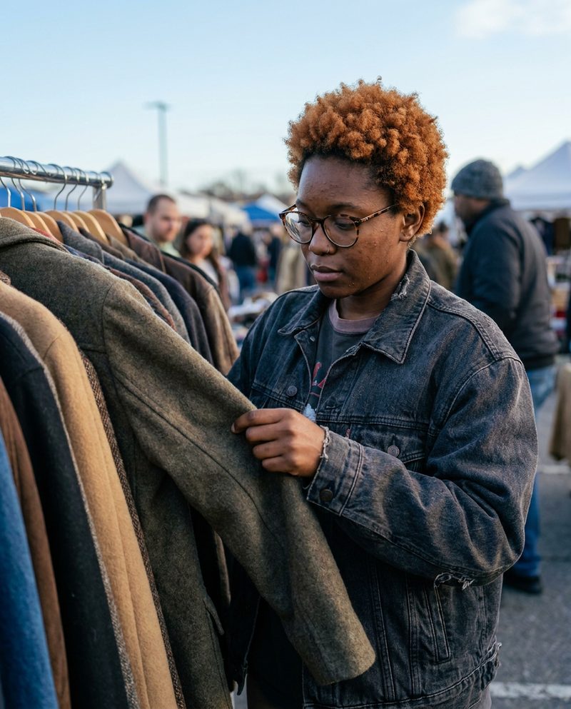 Digging through a rail of old coats at a flea market at dawn, pale blue light, holding up a wool jacket to inspect it, waist-up.