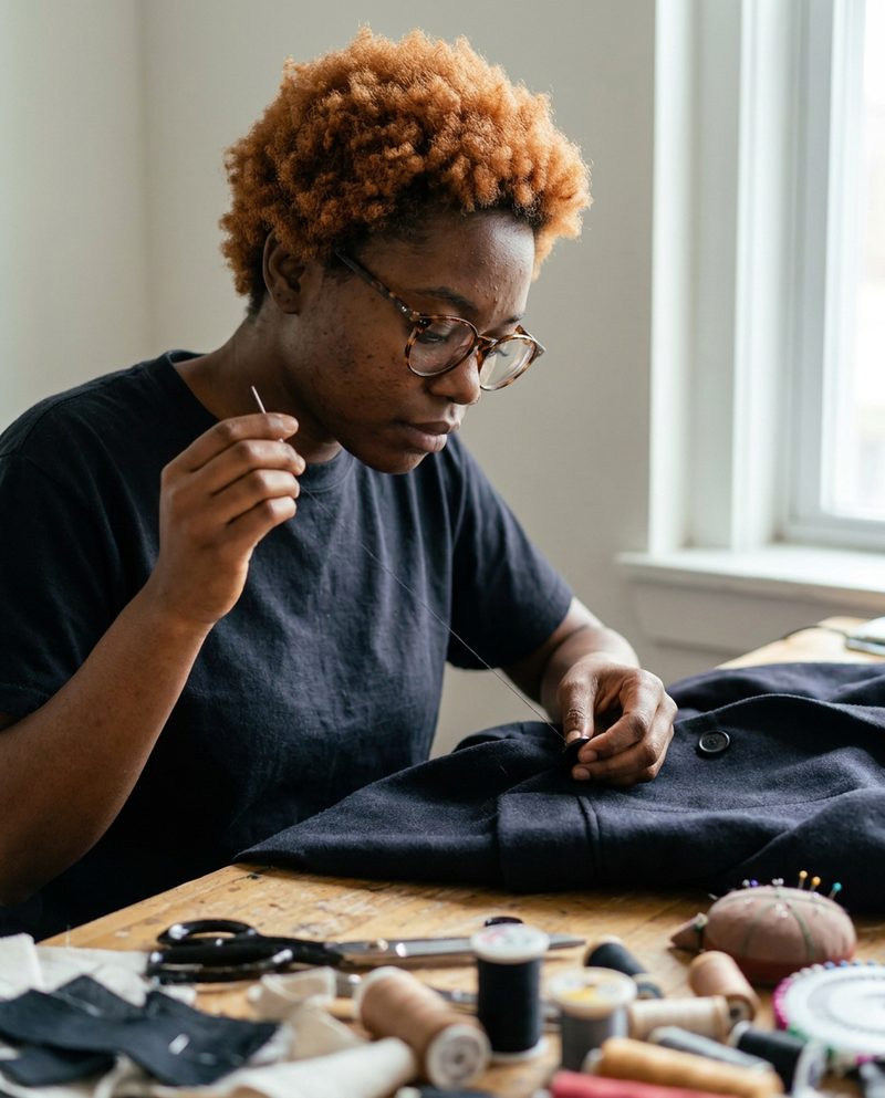 Sewing a button onto a blazer at a cluttered worktable in the afternoon, window light from the right, needle between her fingers, chest-up from the side.