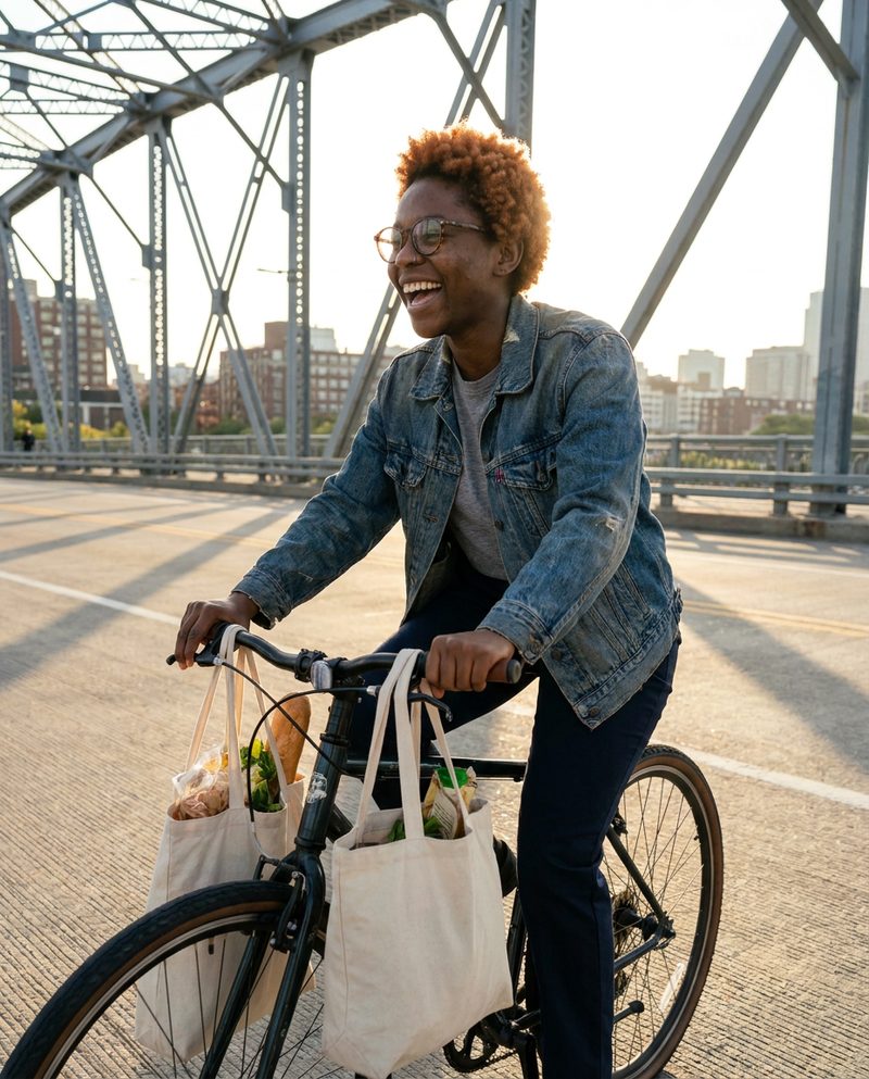 Cycling across a bridge with two full tote bags on the handlebars, late afternoon sun behind her, laughing, full figure from the pavement.