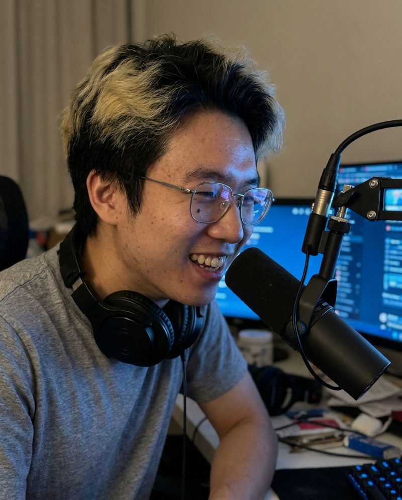 Leaning towards a microphone at his desk with headphones around his neck, late at night, blue light from the monitors on his face, laughing mid-sentence, chest-up.