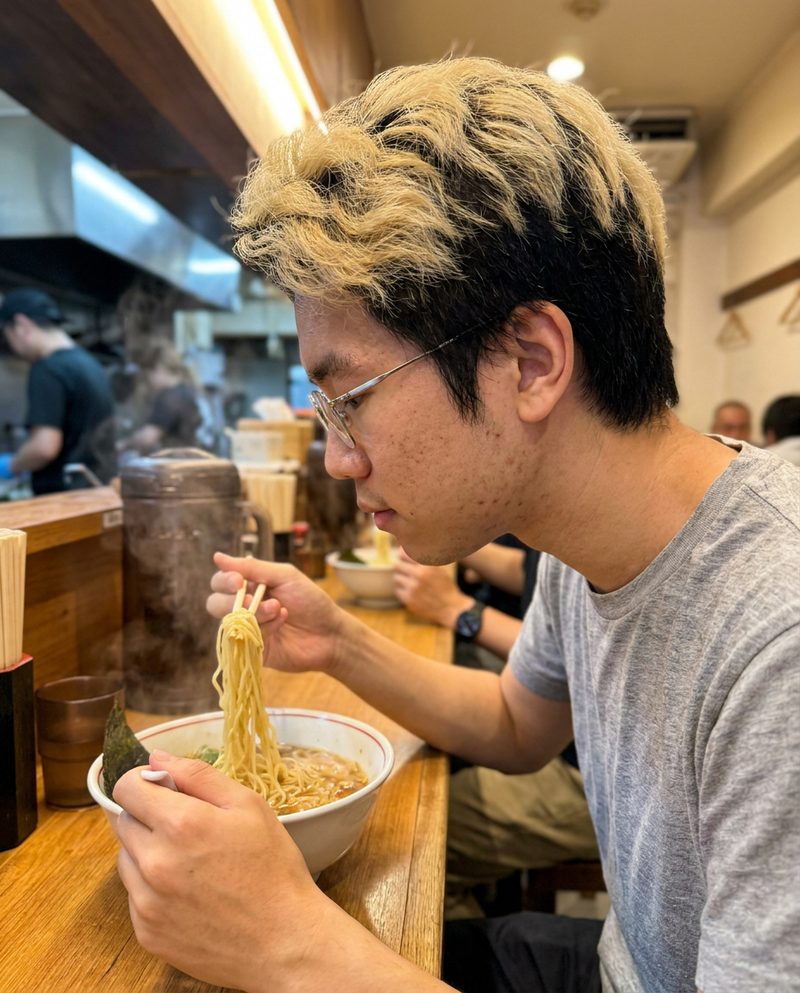Eating noodles at a ramen counter at lunchtime, steam rising, warm light overhead, chopsticks in hand, waist-up from the side.