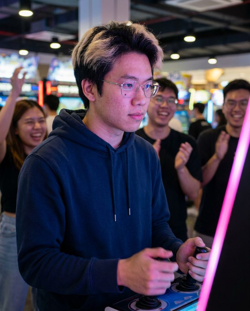 Playing a rhythm game at a bright arcade in the evening, colourful light from the screen, friends cheering behind him, three-quarter body from the side.