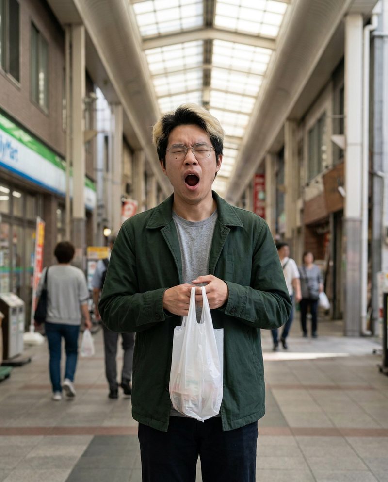 Walking along a covered shopping street in the afternoon, carrying a convenience-store bag, diffused light through the roof, yawning, full figure.