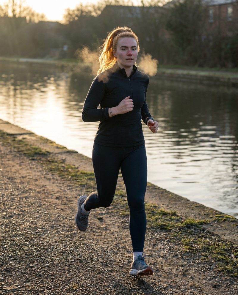 Running along a canal path at dawn, low sun behind her, mid-stride, breath visible in the cold air, full figure from slightly ahead.