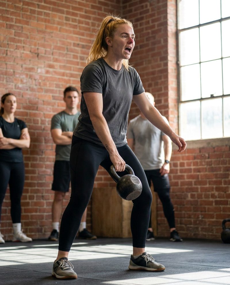 Demonstrating a kettlebell swing to a small class in a brick warehouse gym, late morning, big window light from the right, calling out a count, three-quarter body.