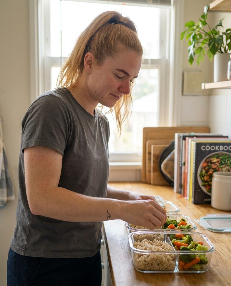 Portioning rice and vegetables into glass containers on a kitchen counter on a Sunday afternoon, soft light from a window behind her, sleeves pushed up, waist-up.