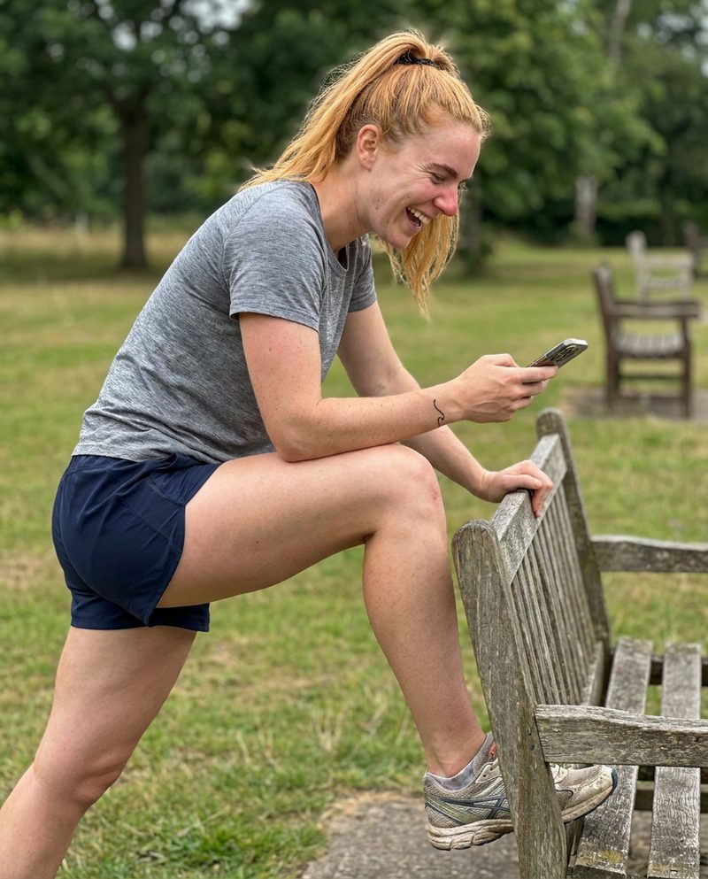 Stretching against a park bench after a session, overcast midday light, laughing at a message on her phone, three-quarter body.