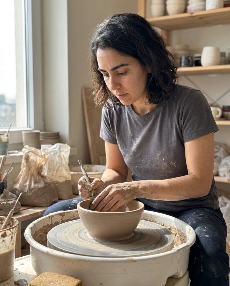 Trimming a bowl on the potter's wheel in a sunlit studio, late morning, window light from the left, clay on her forearms, concentrating, waist-up from slightly to the side.