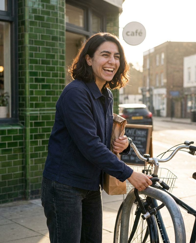 Locking her bike outside a tiled café at 8am, low sun behind her, laughing at something off-camera, holding a paper bag of pastries, full figure from across the street.