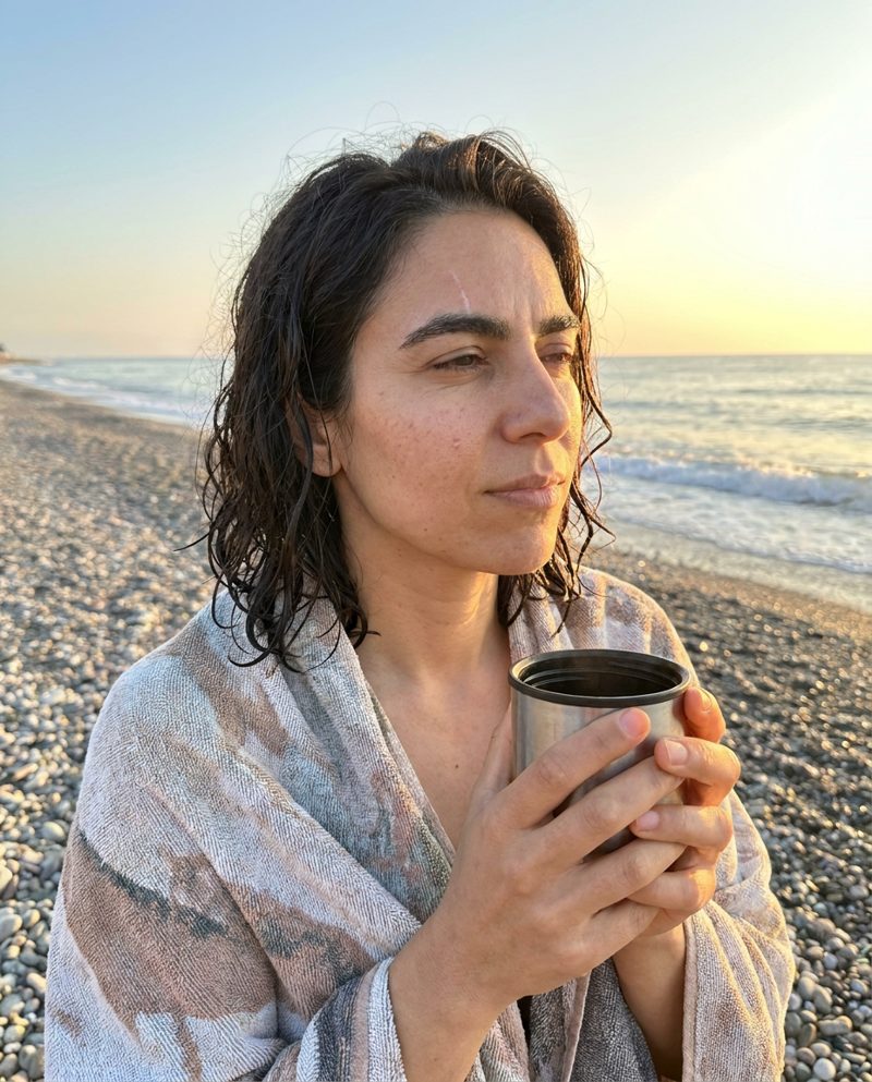 Wrapped in a towel on a pebble beach at sunrise, wet hair, squinting into soft sun from the right, holding a thermos cup, chest-up.