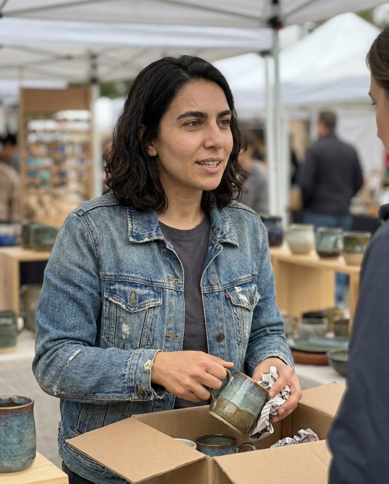 Packing glazed mugs into a cardboard box at a market stall in the afternoon, overcast light, mid-conversation with a customer, waist-up.