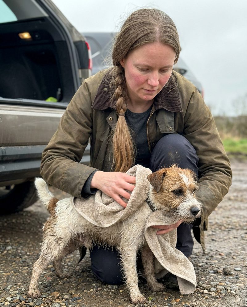 Crouching to dry a muddy terrier with a towel by an open car boot, overcast midday light, focused, waist-up.