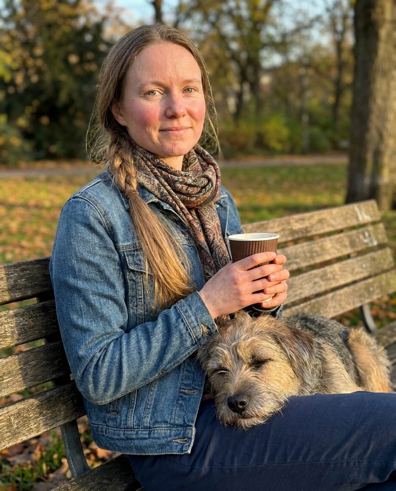 Sitting on a bench with a paper cup of coffee, a sleeping dog's head on her lap, late afternoon, soft light, chest-up.