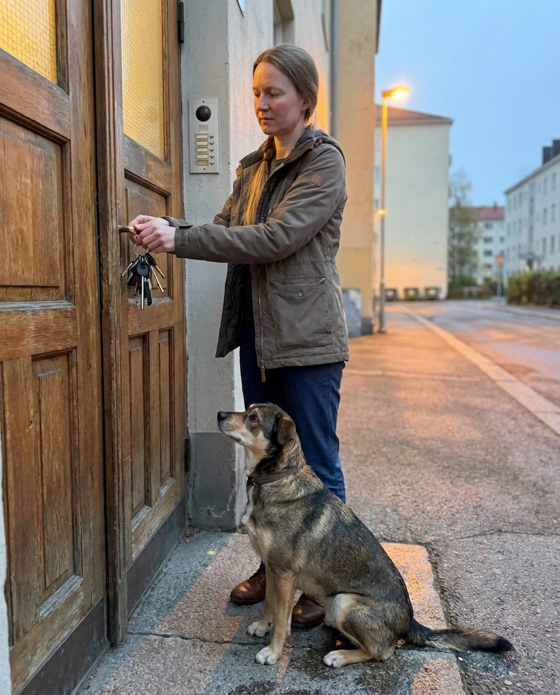 Unlocking an apartment building door with a bunch of keys, a dog at her feet, early morning, light from a streetlamp, three-quarter body.