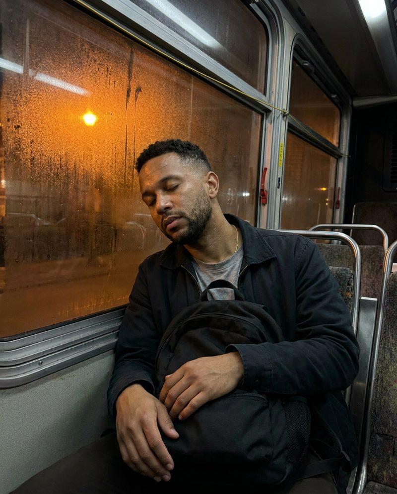 Asleep with his head against the window of a night bus, faint orange streetlight across his face, backpack on his lap, chest-up from the seat across the aisle.