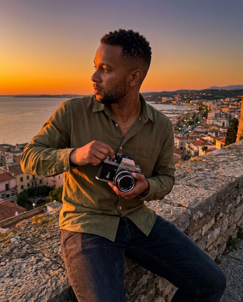 Sitting on a stone wall above a coastal town at sunset, warm light from the left, winding a film camera, three-quarter body from the side.