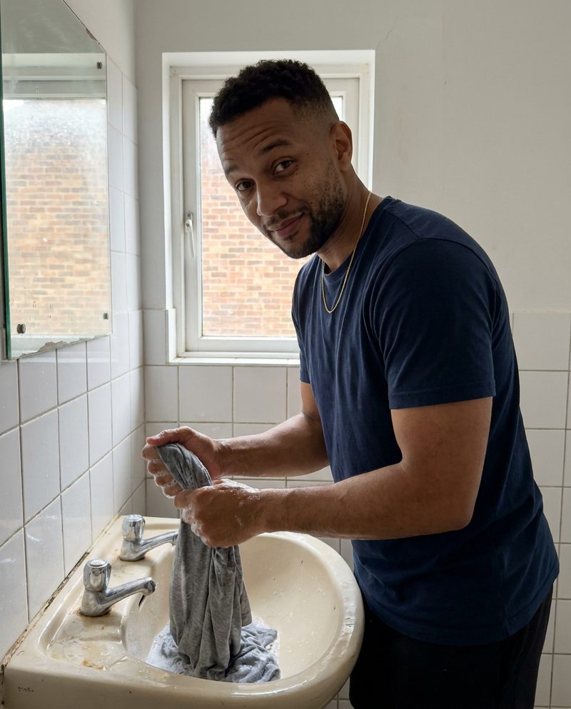 Washing a T-shirt in a hostel sink in the afternoon, flat light from a small window, amused at himself, waist-up.