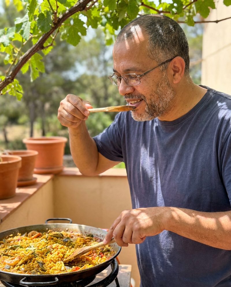 Stirring a big pan of paella on a terrace at lunchtime, dappled shade from a vine, tasting from a wooden spoon, chest-up from the side.