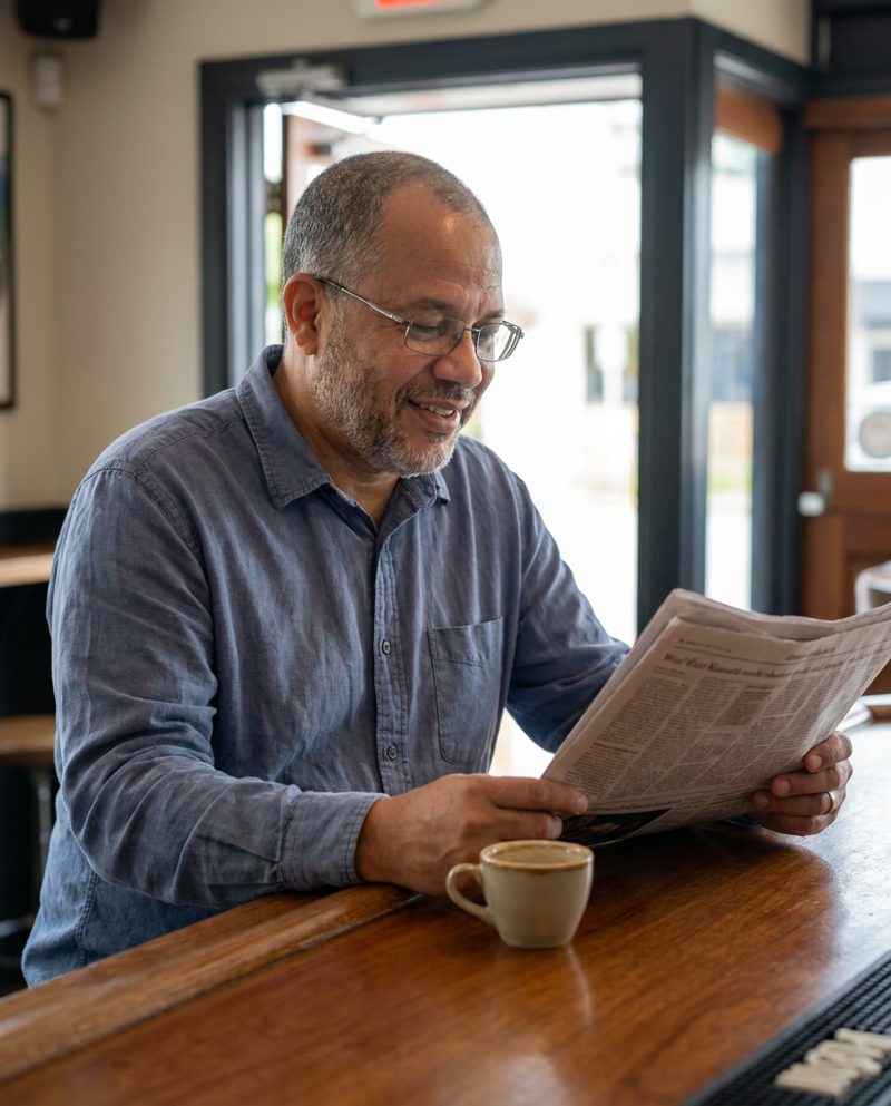 Reading a newspaper at a bar counter with a small coffee, early morning, light from the open door behind him, amused expression, waist-up.